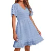 Casual Dresses Women's V Neck Smocked Short Sleeve Dress Dot Swing Flowy Ruffle Hem Beach Summer Vestidos Verano Moda 2024