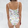 Frauen Badebekleidung Food Print Deep V Neck Badeanzug Schlanker Fit Beachwear Damen Monokini Badeanzüge Vintage Beach Club Party