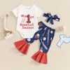 Kläder sätter min första basebollsäsong Baby Girl Outfit Short Sleeve Romper Bodysuit Flare Pants pannband 3st Bell Bottoms Set