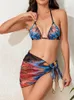 Moda de banho feminina Sexy Butterfly Butterfly Print Bikini Conjunto 2024 Mulheres Halter Push Up Mesh Salia 3 peças Terno de banho de traje de banho Férias