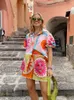 Women Holiday Hawaii tryckt två stycken Set Short Sleeve Shirt Blus Top Loose Shorts Summer Beach Outfits Casual Suit 2024 240426