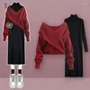 Robes de travail solides en V-collier Robe Femme Femme Automne Suit 2024 Fashion coréenne Joupe en tricot en tricot de longueur rouge