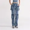 Damesjeans en voor 2024 Spring Fashionable Design met patchwork -zakken hoge taille rechte been broek vrouw