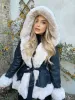 Fur EE1492 PU Leather Short Jackets Women Fashion Tie Belt Taille Coats Women Elegante Faux Fur Hooded Coazed Coats vrouwelijke bont beklede dames