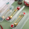 Sets 6/4/2PCS Christmas Gift Glod Spoon Fork Set Elk Christmas Tree Decoration Dessert Scoop Fruit Fork Coffee Spoon Cutlery Set