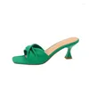 Slippers Summer Thin Heel Women 2024 Fashion Pleated Square Toe Green Orange Sandals Casual Elegant Ladies Dress Shoes