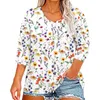 Kvinnors T-skjortor 3/4 ärm för kvinnor Skriv ut grafiska tees-knapp V-Neck Bluses Casual Plus Size Basic Tops Pullover Hauts Grande Taille