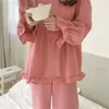 Frauen Nachtwäsche Spitze Frauen Pyjama Set Home Solid Long Sleeve Hosenanzug