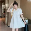 Maternity Dresses Sweet Fashion Pregnant Women Dress Short Sleeve Beaded V-Neck High Waist Maternity Mini Dress White Pregnancy Party Dress Cute