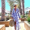 Set 2024 Blue Floral Print Bikini en Beach Cover Up Women Fashion Two Piece Swimsuit Luxury Swimwear Holiday Bading Suit Beachwear