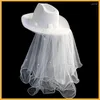 Basker vita stora grim cowgirls hatt för brud bröllopsfest poshoot