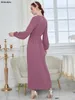 Casual Dresses Siskakia Marockan Caftan Female Chic Solid Crew Neck Lantern Sleete Beleted Clothing Muslim Elegant Women aftonklänning