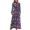 Casual Dresses Blue Neon Paint Dress High Neck Abstract Liquid Custom Bohemia Long Sleeve Stylish Maxi Cute Vestidos