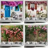 タペストリー屋外の庭のフェンスの花タペストリー素朴な庭の壁植物自然景観パティオリビングルーム寝室の壁飾り壁画