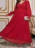 Lässige Kleider rotes Chiffon Langes Kleid für Frauen Party Abend Frühling Sommer großer Modekleidung V-Ausschnitt Ärmel Elegantes Robe