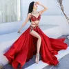 Scene Wear Luxury Hand Made Beaded Bh Swing Maxi kjol Double Side Slit Sexig Women Belly Dance Costume 2 Piece Performance Clothes Show