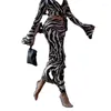 Work Dresses Vintage Adult Lady Like Woman Style Summer Fashion Printed Zebra Pattern Long Sleeve High Waist Sheath Skirt Suit