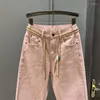 Frauen Jeans Mode einfache rosa lässige Denim Harem Hosen Herbst Korean Stretch Elastic Taille Baggy Cropped Jean