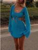 Casual jurken dames haakjes gebreide jurk met lange mouwen holle out kijken door cover up mini sexy uitsparingen bodycone bodycon