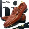 Boots Luxury Brand Men's Leather Shoes Black Brown Prints Pointed Toe Casual Mens Dress Shoes Wedding Office Penny Loafers Men