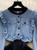 Casual Dresses Vintage Denim Dress Patchwork Design A-Line Jean Woman Elegant Lapel Long Sleeves Female Holiday Vestidos Rober