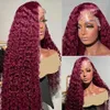 Syntetiska peruker 40 tum 99J Bourgogne Water Curled 13x4 Spets Front Wig 250% Deep Wave 13x6 HD Transparent Womens Hair Q240427