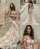 2019 Champagne Mermaid Wedding Dresses Off Shoulder Deep Plunging Neck Lace Applique Trumpet Berta Bridal Bowns Custom Wedding Dre9601609