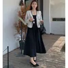 Robes de travail Français Femmes rétro Matching Ensemble de cardigan décontracté STRAP une ligne Black Robe Fashion 2pcs Korea Chic Bureau Dame Tenises