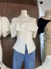 Women's Blouses Summer 2024 Design Elegant Ruffled Blouse Women Slash Neck Off-shoulder Slim Waist Buttons Shirt Tops For Korean 43912