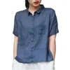 Dames blouses limiguyue dunne vaste katoenen linnen blouse vrouwen turn down kraag kraag korte mouw pocket shirt zomer losse causale pullover tops