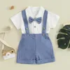 Clothing Sets VISgogo Toddler Boy Gentleman Outfit Solid Color Short Sleeves Romper With Bow Tie And Overalls Shorts Set For Formal Wear
