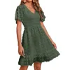 Casual Dresses Women's V Neck Smocked Short Sleeve Dress Dot Swing Flowy Ruffle Hem Beach Summer Vestidos Verano Moda 2024