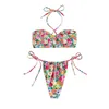 Frauen Badebekleidung Sommer Blumendruck Bikini Set Sexy Cross Halhter Bray BH mit niedriger Taille Tanga 2