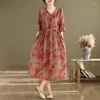 Party Dresses Thin Light Soft Print Floral Half Sleeve Loose Vintage Draw String Women Casual Summer Midi Dress Elegant Office Lady Work