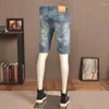 Мужские джинсы модельер -дизайнер короткие мужчины Retro Blue Strate Slim Fit Ruped Printed Printed Hip Hop Denim Shorts