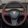 Tesla Modle3 Modley 2019-2023 Car Interior DIY Hand-Stitched Red Red Ungine LeatherNonslip Car Steering Wheelカバーに100％フィット