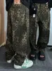 Houzhou Tan Leopard Jeans Men Denim Pants Male Exhize Wide Leg Ounsers Streetwear Hip Hop Vintage Roose Casual Animal Print 240425