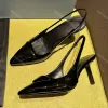 Slingbacks Heels Designer Luxury Womens Dress Shoes Gold Printed Leather Triangle Pumps Pointy Toe Shoes Sandals 7.5 سم