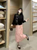작업 드레스 패션 디자인 블랙 셔츠 세트 빈티지 여성 중국식 긴 소매 블로우 하이 허리 프린트 플로럴 미디 스커트 두 조각