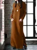 Casual Dresses Celmia Women Warm Sweatshirt Dress 2024 Autumn Winter Vintage Long Sleeve Robes Slit Buttons Knitted Kaftan Maxi