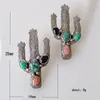 Stud -oorbellen retro kleurrijk S Stone Boho etnische antieke zilverkleur gesneden metalen vork cactus voor vrouwen