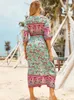 Robes de fête 2024 Bohemian imprimé en V V taille haute robe d'été auto-belted Cotton TUNIQUE FEMMES STREE