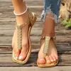 Casual Shoes Diamond-encrusted PU Thong With Stitching And Pin Buckle Women's Sandals Gold Square Toe Low Heel 2024 For Women