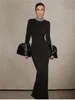 Casual Dresses Fashion Elegant Black Long Flare Sleeve Diamonds O-Neck Slit Maxi Bandage Dress Luxury Women Party Club Street Daily Wear
