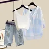 Zomer geperforeerde jeans shorts hangend vest geruit geplukte chiffon shirt driedelige set elegante damesbroek set 240423