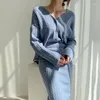 Sukienki robocze moda Koreańska dzianina 2-częściowy zestaw kobiet Kobiety z długim rękawem wysokiej jakości beżowy sweetowy sweter bluzki swetra Slim MIDI spódnica