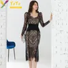 Casual Dresses Elegant Formal Lace Splitting V-neck Hollow Long Sleeve Up Split Dress 2024 Slim Bodycon Chic Party Club Temperament