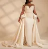 アフリカ人マーメイドウェディングドレス取り外し可能なトレイン長袖ブライダルガウンパールズニードプラスサイズガーデンカントリーウェディングドレス