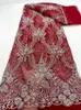 2024 sexy paillettes di tessuto africano di alta qualità rossi in gigante in gambo di tulle ricamato a perline di lusso per abiti da cucire J7194 240417