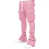 Calça feminina masculina cintura de cordão Jogger colorido sólido pilha de carga empilhada treino de carga correndo calça de moletom com bolsos múltiplos